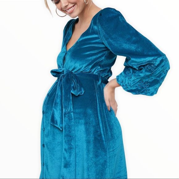 ASOS Teal Velvet Embroidered Belted Maternity Midi Dress NWT - Picture 2 of 14